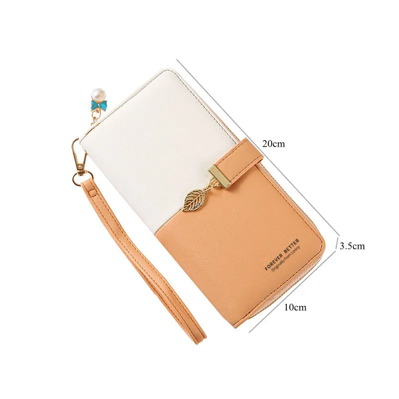 Fashion PU Leather Women Long Zipper Wallets Large Capacity Female Coin Money Purses Bag ID Card Holder Leaf Pendant Hasp Clutch