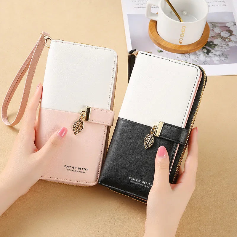 Fashion PU Leather Women Long Zipper Wallets Large Capacity Female Coin Money Purses Bag ID Card Holder Leaf Pendant Hasp Clutch